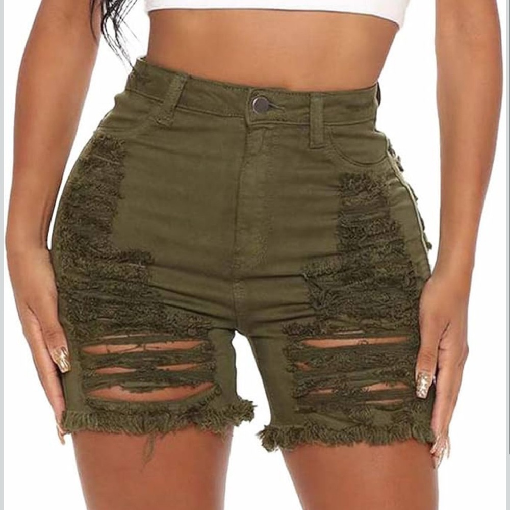 Khaki Distressed High-Waisted Women's Shorts